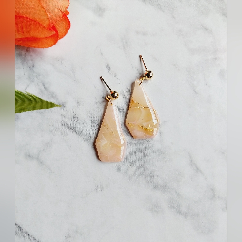 OpalGlaze Quartz Clay Blush Pink Gold Handmade Earrings.
